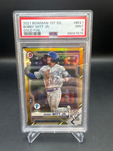 Load image into Gallery viewer, Bobby Witt Jr. 2021 Bowman 1st Edition BFE-1 RC Gold Foil /50 RC. PSA 9
