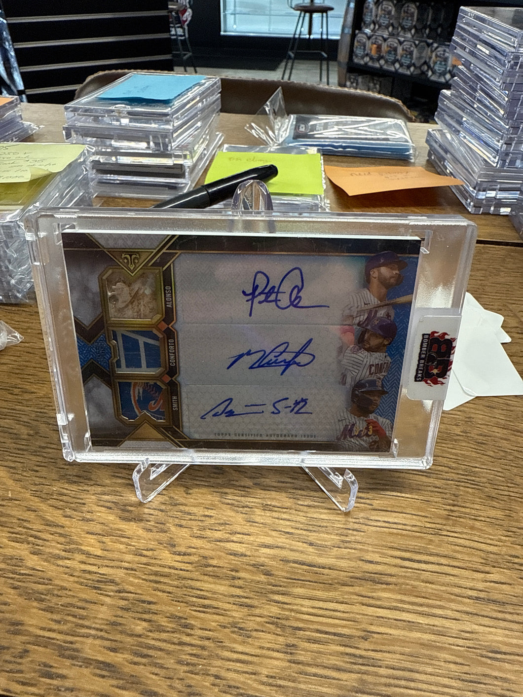 Pete Alonso, Michael Conforto, Dominic Smith 2021 Topps Triple Threads Sapphire Triple Patch Auto 3/3
