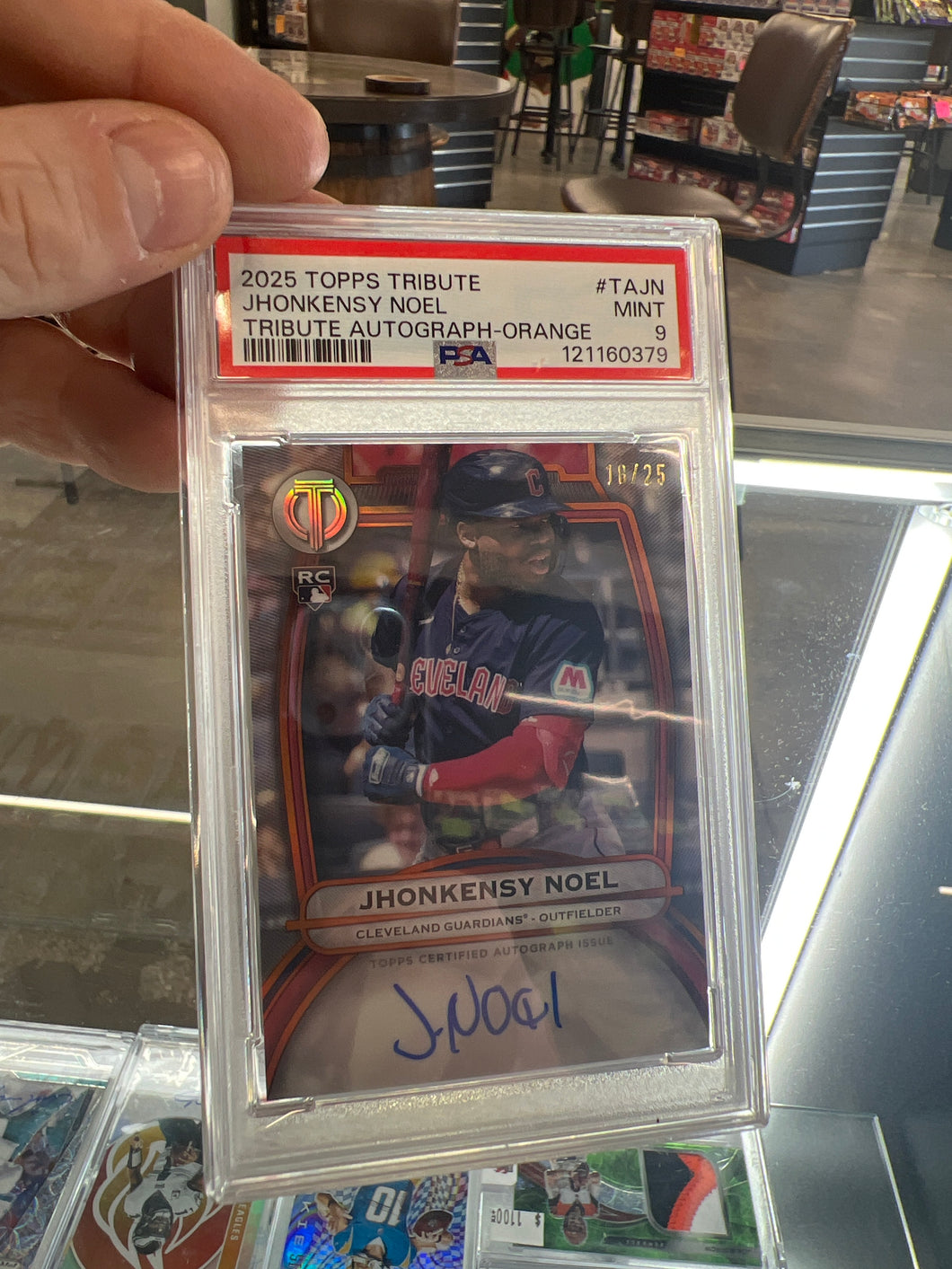 Jhonkensy Noel /25 2025 Topps Tribute On-Card Auto RC Cleveland Guardians 18/25 PSA 9