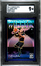 Load image into Gallery viewer, 2018-19 Donruss Optic #11 Lebron James Winner Stays Purple Prizm SGC 9
