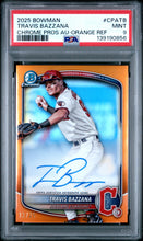 Load image into Gallery viewer, 2025 Bowman Chrome Prospect Autographs Travis Bazzana Orange Ref #/25 PSA 9
