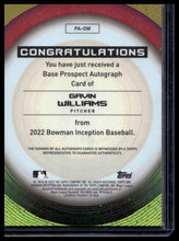 Load image into Gallery viewer, 2022 Bowman Inception #PA-GW Gavin Williams Prospect Autographs Blue Foil #/99
