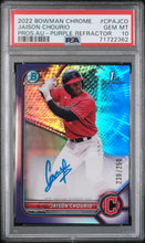 Load image into Gallery viewer, 2022 Bowman Chrome Jaison Chourio Autos Purple Refractor PSA 10 #/250
