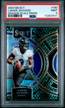 Load image into Gallery viewer, 2023 Panini Select #190 Lamar Jackson Dragon Scale Prizm PSA 9
