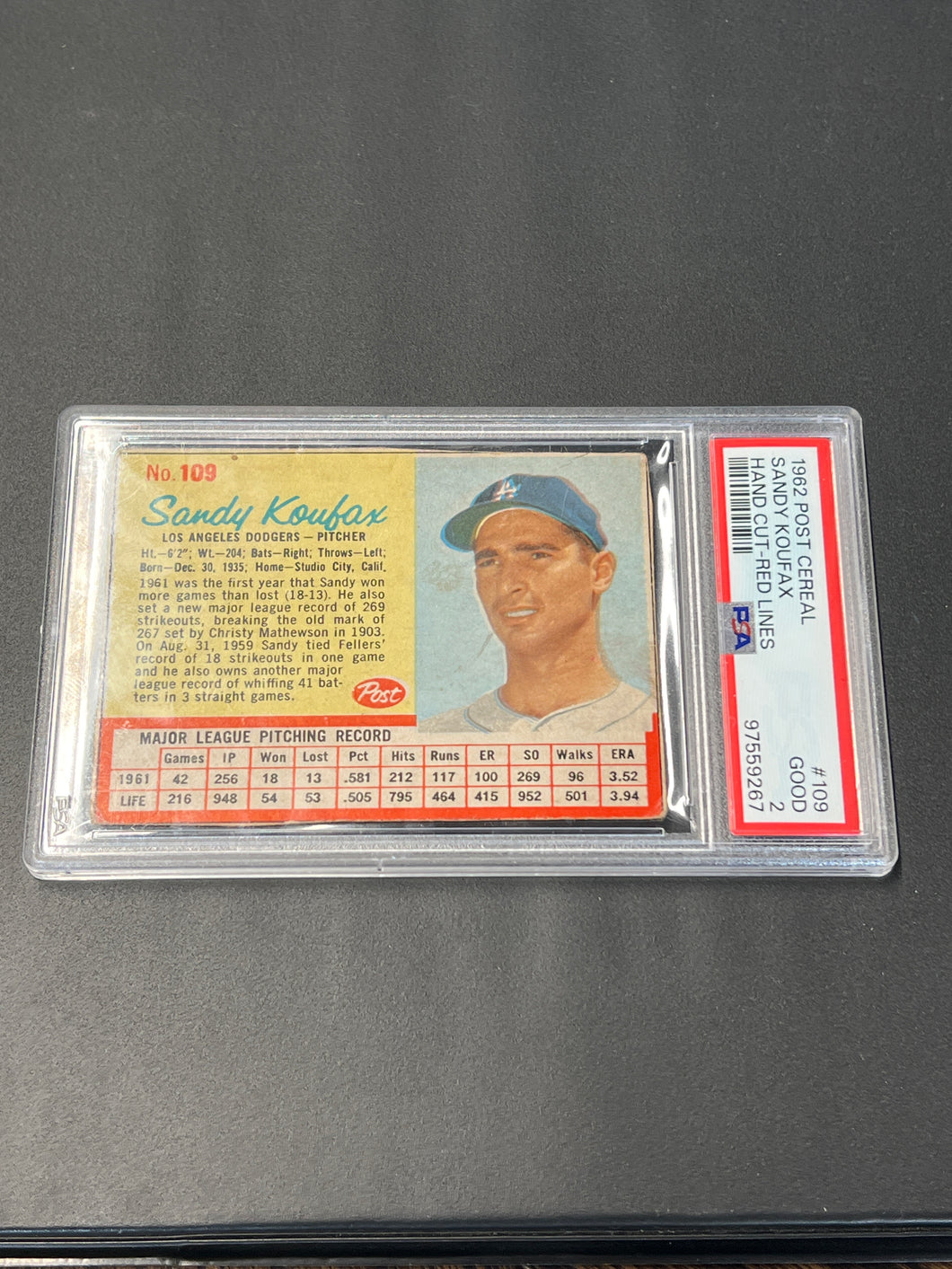 1962 Post Cereal # 109 Sandy Koufax HOF Hand Cut-Red Lines Good PSA 2