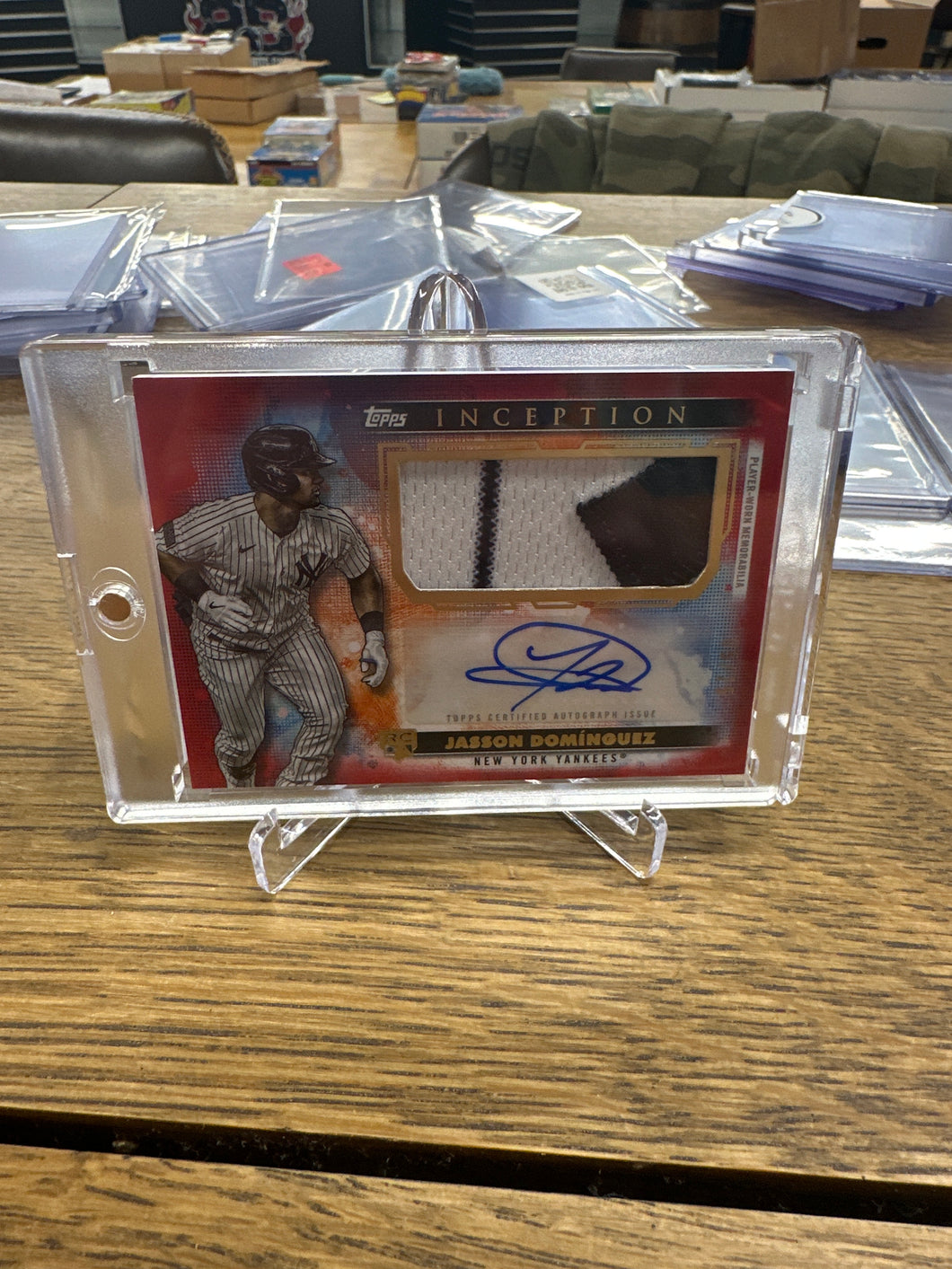 Jasson Dominguez 2024 Topps Inception Red Jumbo Patch Auto RC 05/25