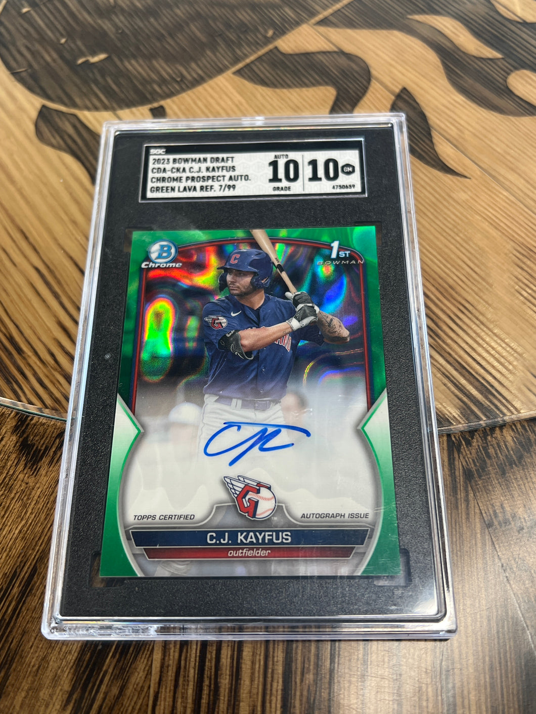 2023 BOWMAN DRAFT CHROME PRSPCT GREEN LAVA REF C.J. KAYFUS /99 SGC 10 GM AUTO 10