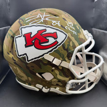 Load image into Gallery viewer, Travis Kelce Autographed Super Bowl LIV Champs Inscription AUTHENTIC Camo Kansas City Chiefs Full Size Helmet - Beckett Authentication
